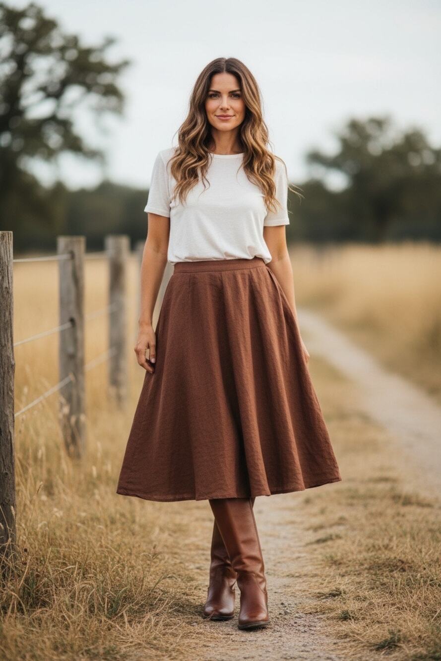 Land’s End Midi Long 27” Skirt M L Sz 10 12 Chocolate Brown Linen  Pull On READ